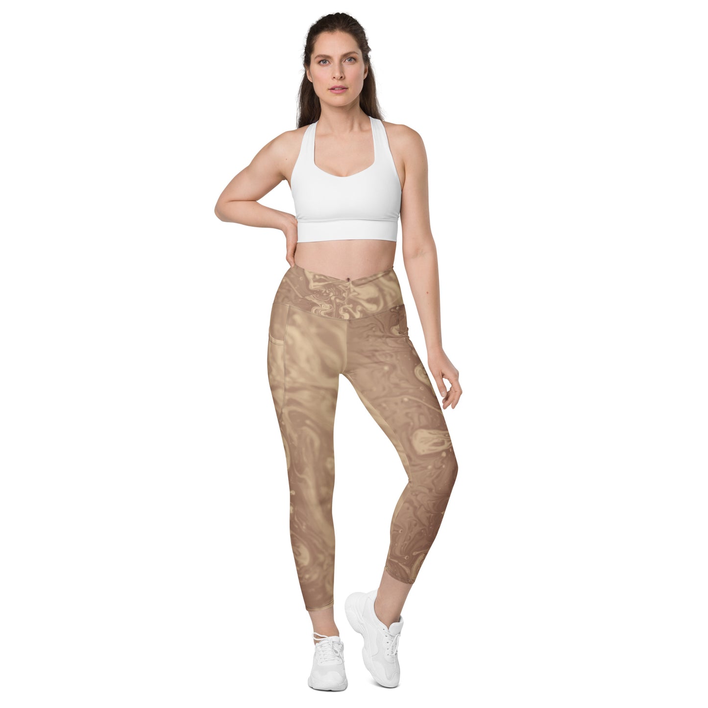 Liquid Beige Women's Recycled Crossover Leggings With Pockets - FLAKOUT