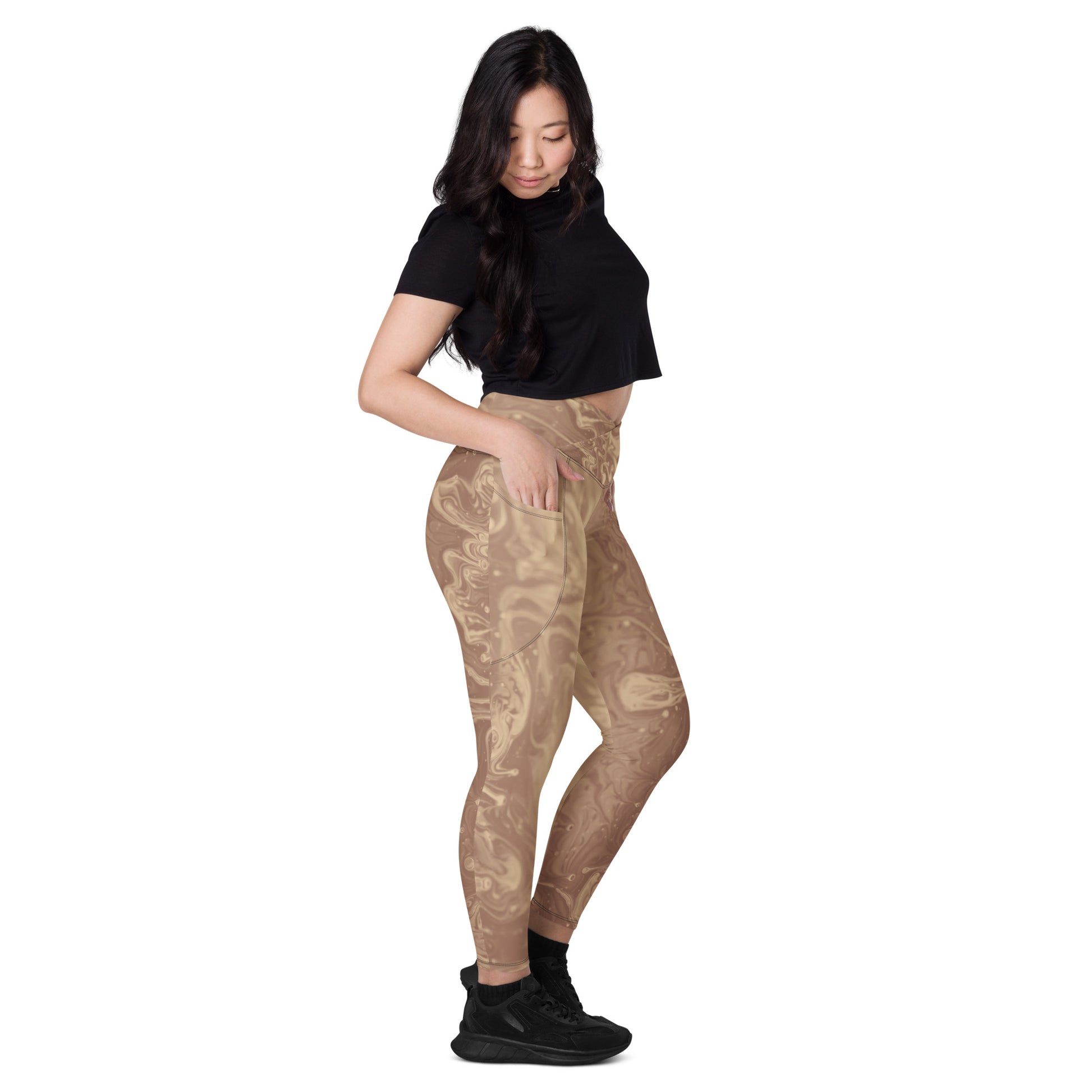 Liquid Beige Women's Recycled Crossover Leggings With Pockets - FLAKOUT