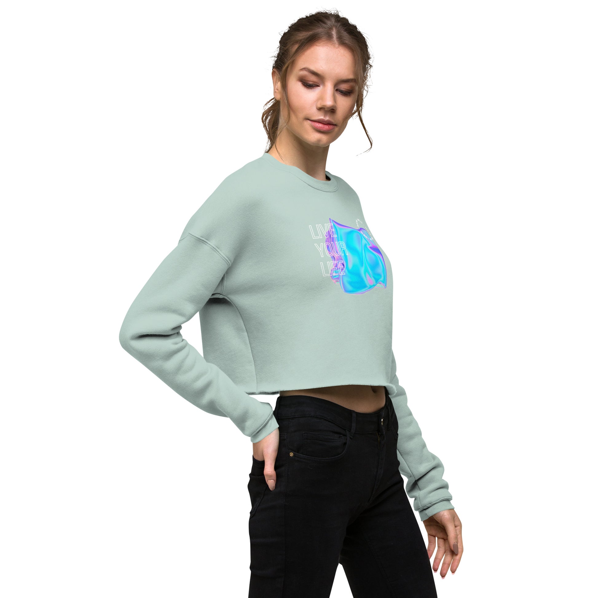 Vivid Existence Live Your Life Women's Crop Sweatshirt - Dusty Blue - FLAKOUT